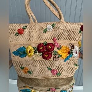 Vintage Straw Satchel  Purse with Embroidered‎ Flowers